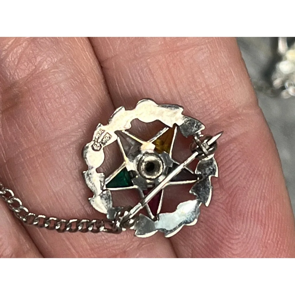 Order of the Eastern Star OES 10K White Gold Pin Brooch Gavel Guard Chain 2.2g‎